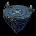 Cartoon Style Floating Round Platform With Central Cross Pattern And Decorative Horns On Rocky Base