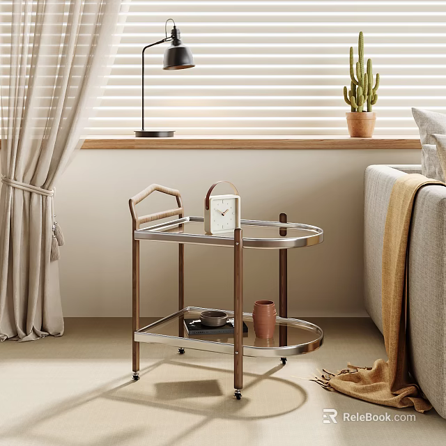 Modern Wheeled Side Table With Metal Frame Wooden Accents Round Tiered Tray For Living Room 3d model 