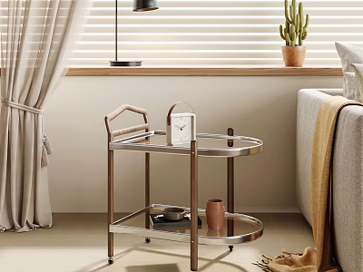 Modern Wheeled Side Table With Metal Frame Wooden Accents Round Tiered Tray For Living Room 3d model