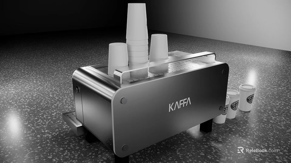 KAFFA Silver Kitchen Appliance With Stacked Paper Cups And Adjacent Paper Cups 3d model 
