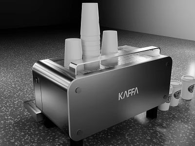 KAFFA Silver Kitchen Appliance With Stacked Paper Cups And Adjacent Paper Cups 3d model