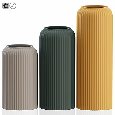 Beige Dark Green Yellow Vertical Ribbed Decorative Vase Set for Modern Home Decor 3d model