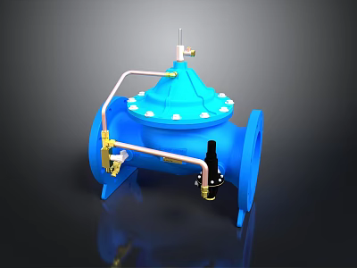 Blue Industrial Pipeline Valve With Metal Fittings And Top Control Component 3d model