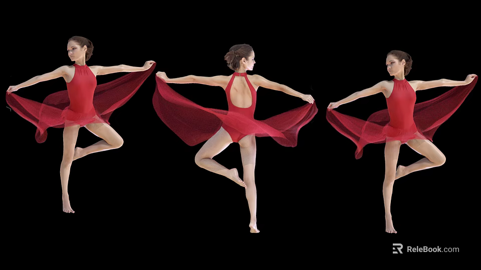 Woman in Red Dress Dancing Against Black Background with Flowing Fabric 3d model 
