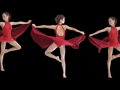 Woman in Red Dress Dancing Against Black Background with Flowing Fabric 3d model