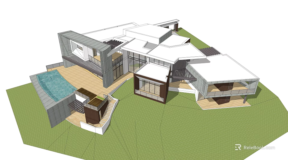 Modern Hotel Building With Contemporary Design Swimming Pool And Glass Windows 3d model 