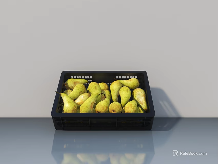 Fruit Store Fresh Pears Display in Black Plastic Basket on Gray Table 3d model 