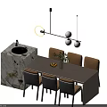 Modern Dining Table Set With Gray Beige Chairs And Marble Countertop Pendant Light 3d model