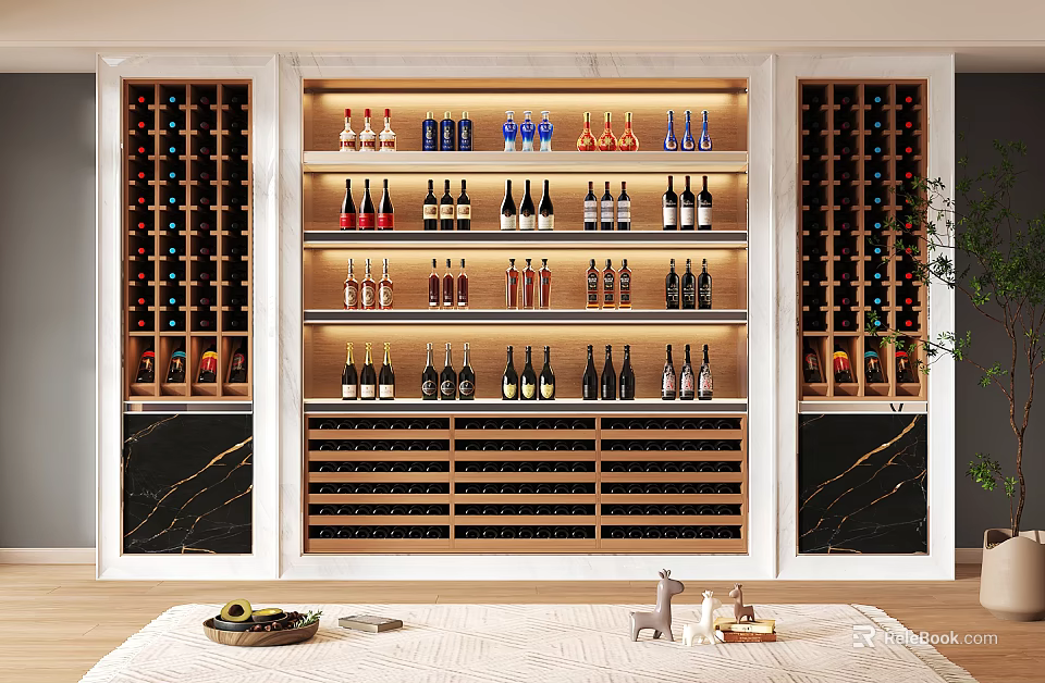 Luxurious Modern Wine Cabinet With Wooden Shelves And Various Wine Bottles 3d model 