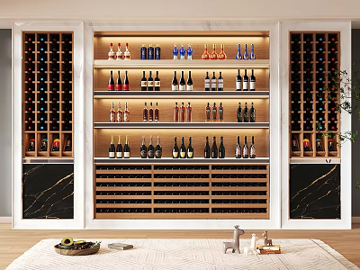 Luxurious Modern Wine Cabinet With Wooden Shelves And Various Wine Bottles 3d model