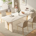 Elegant Modern White Gold Dining Table Set with Chairs Decorative Vase Fruit Plate and Plants