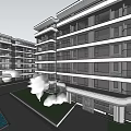 Modern Multi story Residential Building Facade Design With Circular Sculpture And Landscaped Trees