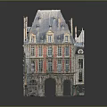 3D Model of Traditional European Building With Red Beige Facade Sloped Roof and Arched Doorways