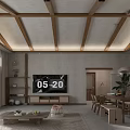Living Dining Room with Wooden Beam Ceiling Gray Walls Large Windows Sunlight Sofa and Dining Table