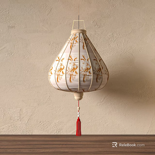 Traditional Oriental Lantern With White Fabric Gold Floral Patterns And Red Tassel Decoration 3d model 