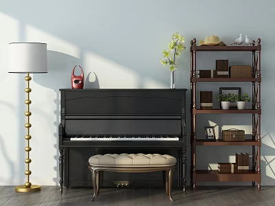 Musical Instruments And Art Supplies In Cozy Room With Piano Bookshelf Floor Lamp And Plants 3d model