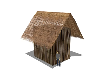 Rustic Wooden Cabin Exterior Featuring Thatch Roof And Natural Building Elements 3d model