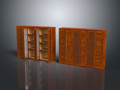 Two Wooden Wardrobes Featuring Open Shelves Drawers And Closed Louvered Doors Design 3d model
