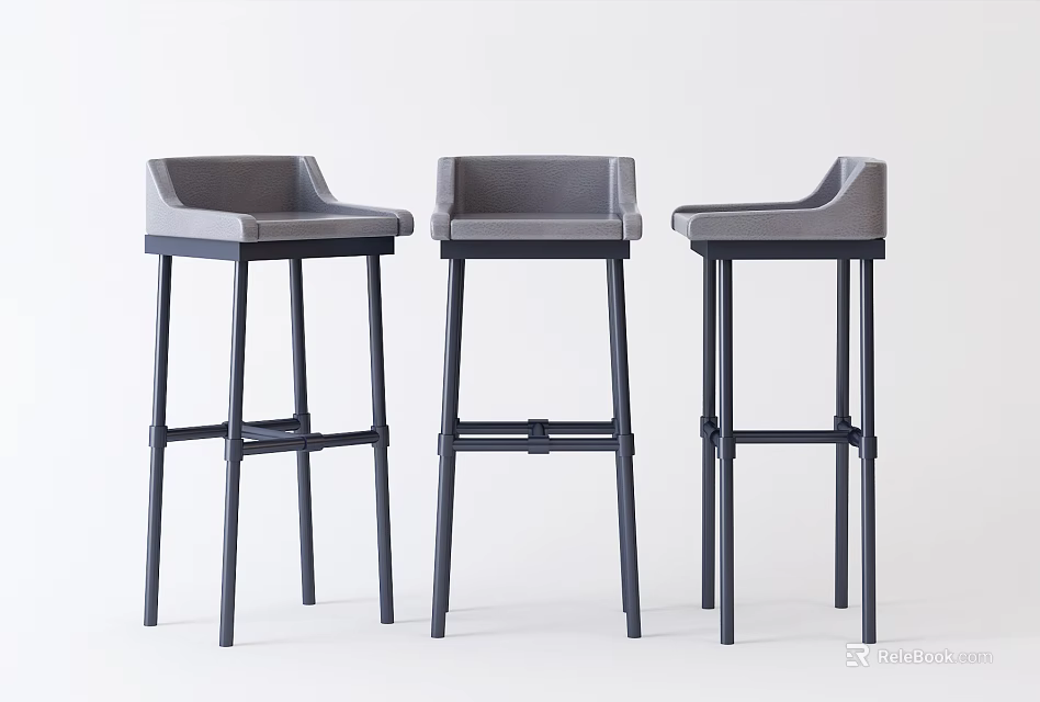Three Modern Bar Stools With Gray Seats And Black Sleek Legs 3d model