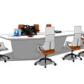 Oval White Conference Table With White Orange Wheeled Chairs And Potted Plant