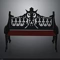 Classic Iron Garden Bench With Intricate Patterns Crown Decoration Black Backrest And Red Seat Design