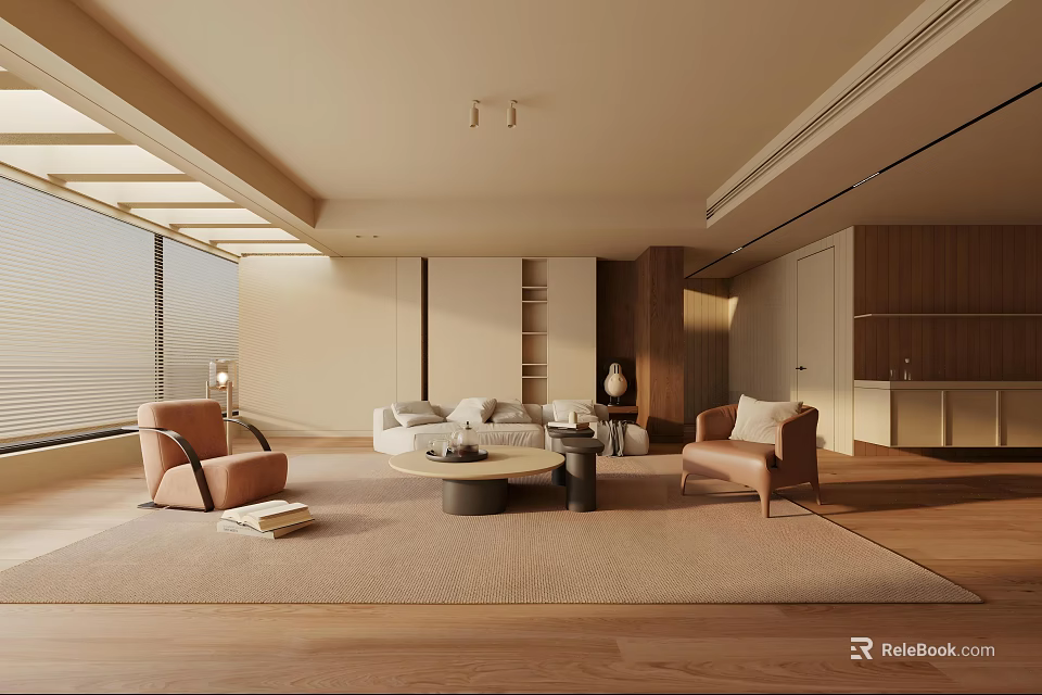 Warm Modern Living Room Interior With Natural Light Wooden Flooring Sofa And Armchairs 3d model 