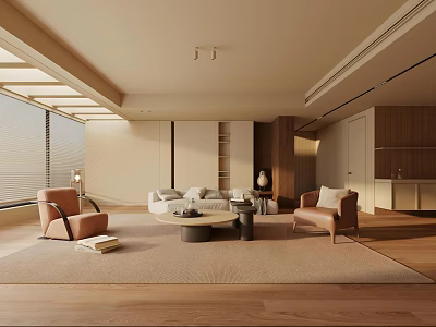 Warm Modern Living Room Interior With Natural Light Wooden Flooring Sofa And Armchairs 3d model