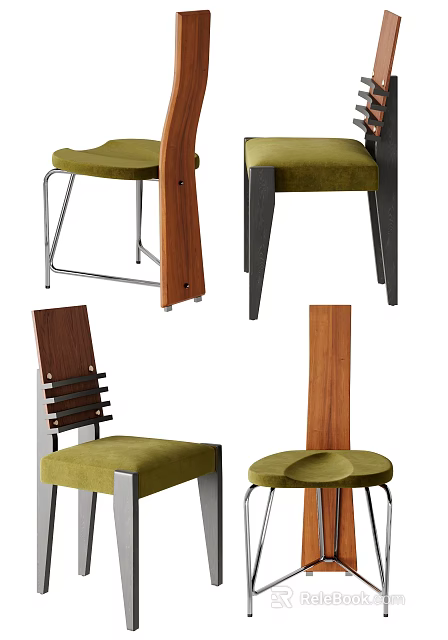 Various Modern Dining Chairs With Wooden Backrest Green Seat And Metal Legs Design 3d model 