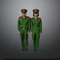 Two Individuals In Green Military Uniforms With Red Shoulder Patches And Caps