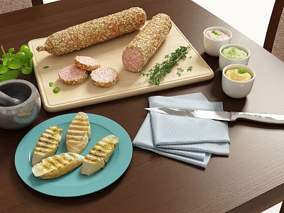 Sliced Sausage on Wooden Cutting Board with Fresh Herbs Dips and Grilled Vegetables 3d model