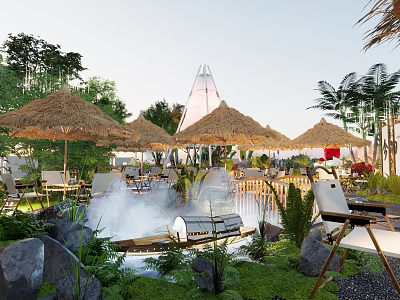Garden Landscape with Thatched Umbrellas Lounge Chairs Steam Pool Rocks and Green Plants 3d model