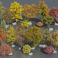 Multicolored Arbor Trees with Diverse Foliage Shapes and Natural Stone Elements 3d model