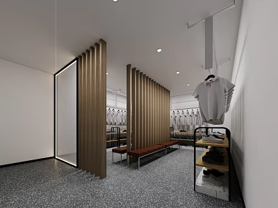 Modern Cloakroom Interior Design With Wooden Partitions Bench And Clothes Racks 3d model