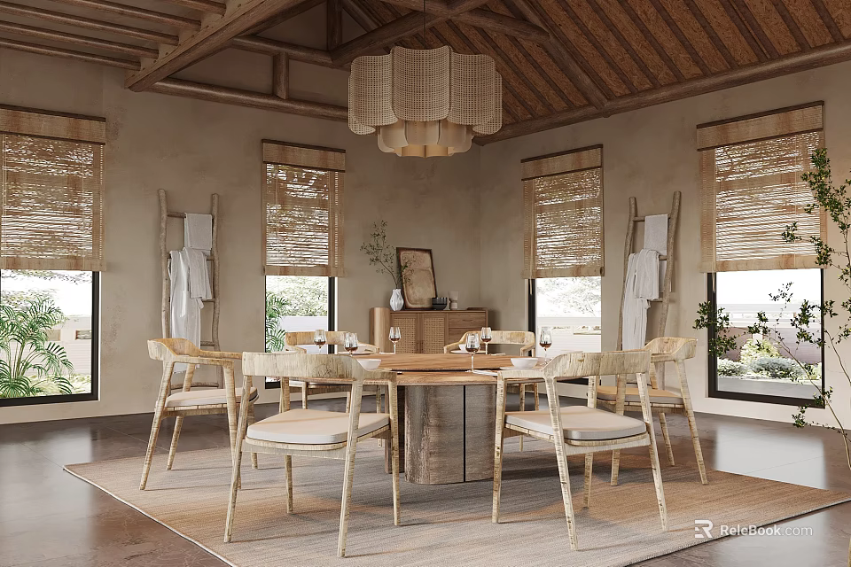Rustic Dining Room Interior with Woven Chandelier Thatched Ceiling Bamboo Blinds Wooden Table Rattan Chairs 3d model 