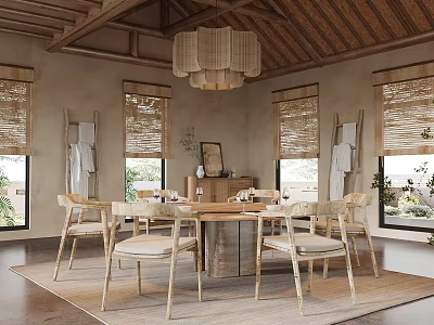 Rustic Dining Room Interior with Woven Chandelier Thatched Ceiling Bamboo Blinds Wooden Table Rattan Chairs 3d model
