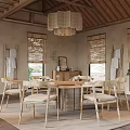 Rustic Dining Room Interior with Woven Chandelier Thatched Ceiling Bamboo Blinds Wooden Table Rattan Chairs