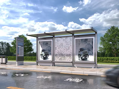 Modern Urban Bus Shelter Structure With Glass Billboards And Metal Columns 3d model