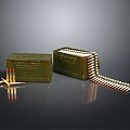Military Weapon Ammunition Green Boxes With Scattered Belts And Bullets 3d model