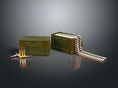 Military Weapon Ammunition Green Boxes With Scattered Belts And Bullets 3d model