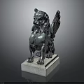 Silver Winged Lion Statue Standing On Square Stone Pedestal