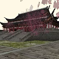 Traditional Chinese Ancient Architecture With Black Roof Red Doors Pillars Stone Steps And Pink Flowering Trees