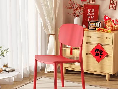 Festive Red Single Chair in Chinese New Year Themed Space with Wooden Cabinet Beige Curtains 3d model