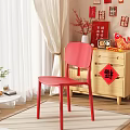 Festive Red Single Chair in Chinese New Year Themed Space with Wooden Cabinet Beige Curtains