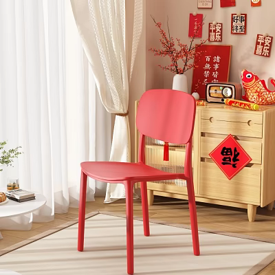 Festive Red Single Chair in Chinese New Year Themed Space with Wooden Cabinet Beige Curtains 3d model