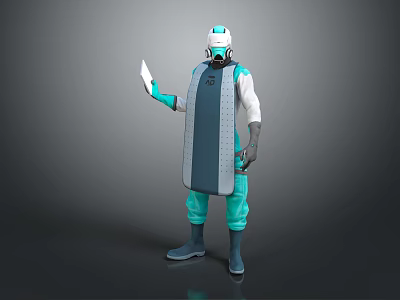 Blue White Green Armored Character and Alien Creature Holding Digital Tablet 3d model