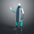 Blue White Green Armored Character and Alien Creature Holding Digital Tablet
