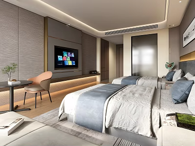 Modern Hotel Guest Room With Two Beds Blue White Bedding TV Round Table And Plant 3d model