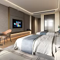 Modern Hotel Guest Room With Two Beds Blue White Bedding TV Round Table And Plant