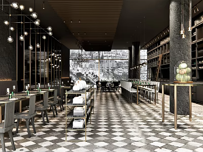 Stylish Restaurant Interior With Black And White Checkered Floor Pendant Lights And Wooden Shelves 3d model