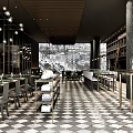 Stylish Restaurant Interior With Black And White Checkered Floor Pendant Lights And Wooden Shelves